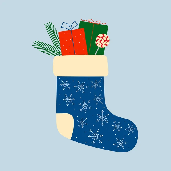 Blaue Weihnachtssocke Mit Geschenkschachteln Tannenzweig Und Zuckerrohr Weihnachten Winter Design — Stockvektor