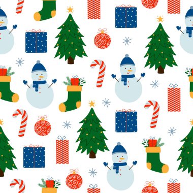 Kusursuz bir Noel deseni. Beyaz arka planda sevimli renkli kış elementleri