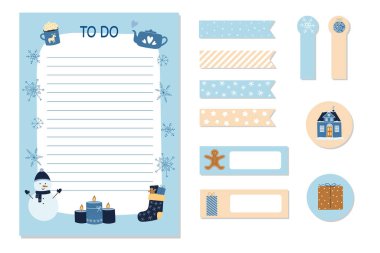 Kış planlayıcısı etiketleri ve yapılacaklar listesi. Elle çizilmiş şirin mevsimlik elementler. Not defteri ve kırtasiye için şablon.