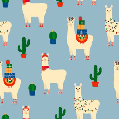 Mavi arka planda sevimli lama, alpaka ve kaktüsleri olan kusursuz bir Noel deseni.