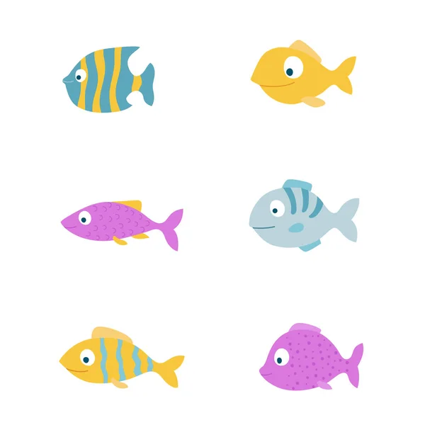 Ensemble Poissons Dessin Animé Mignons Animaux Marins Océaniques Colorés — Image vectorielle