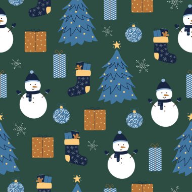 Kusursuz bir Noel deseni. Yeşil arka planda mavi ve kahverengi renkli şirin kış elementleri.