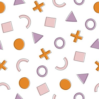 Geometrik dikişsiz desen. Beyaz zemin üzerinde geometrik şekiller ve çizgiler olan modern soyut bir arkaplan. Memphis tarzı