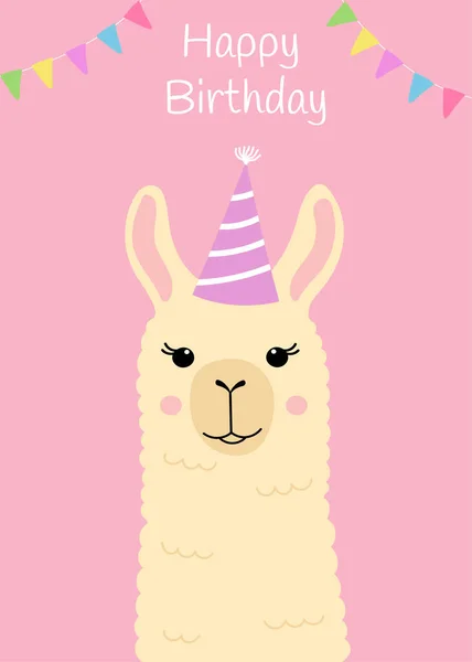 Happy birthday greeting card with cute llama head. Funny alpaca with birthday hat. Template for nursery design, poster, birthday card , invitation, baby shower and party decor — Stock Vector