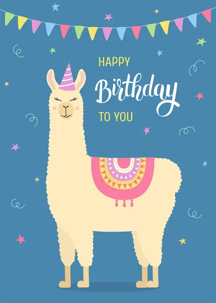 Feliz aniversário cartão de saudação com lama bonito. Alpaca engraçada com chapéu de aniversário. Modelo para o projeto do berçário, cartaz, cartão de aniversário, convite, chuveiro do bebê e decoração da festa — Vetor de Stock