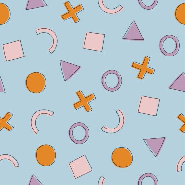 Geometrik dikişsiz desen. Mavi zemin üzerinde geometrik şekiller ve çizgiler olan modern soyut bir arkaplan. Memphis tarzı