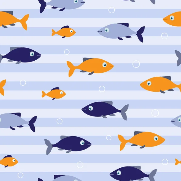 Azul e laranja peixes sem costura padrão no fundo azul listrado. Bom para têxteis, papel, fundo, scrapbooking. — Vetor de Stock