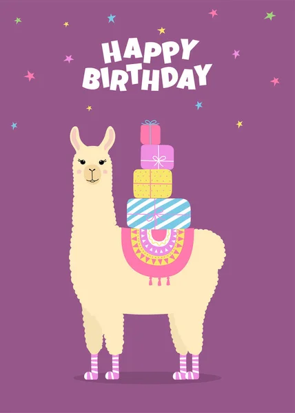 Glückwunschkarte zum Geburtstag mit süßem Lama. Lustige Alpaka mit Geburtstagsgeschenken. Vorlage für Kinderzimmer-Design, Plakat, Geburtstagskarte, Einladung, Babydusche und Party-Dekor — Stockvektor