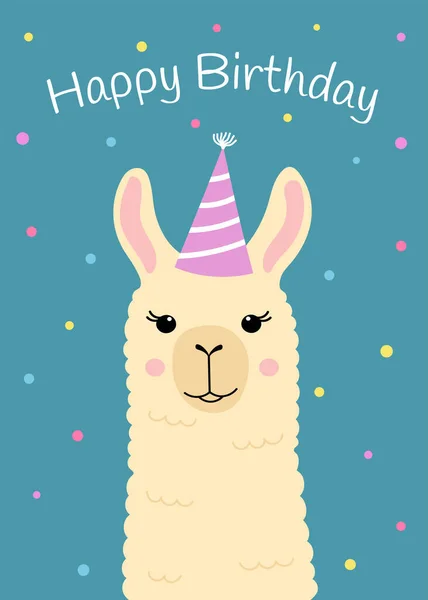 Happy birthday greeting card with cute llama head. Funny alpaca with birthday hat. Template for nursery design, poster, birthday card , invitation, baby shower and party decor — Stock Vector