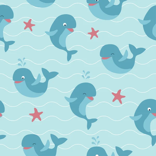 Padrão sem costura de baleias bonitos e estrelas do mar com ondas no fundo azul —  Vetores de Stock