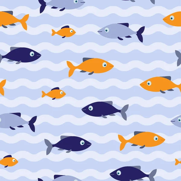 Azul e laranja peixes sem costura padrão no fundo azul com ondas. Bom para têxteis, papel, fundo, scrapbooking. —  Vetores de Stock