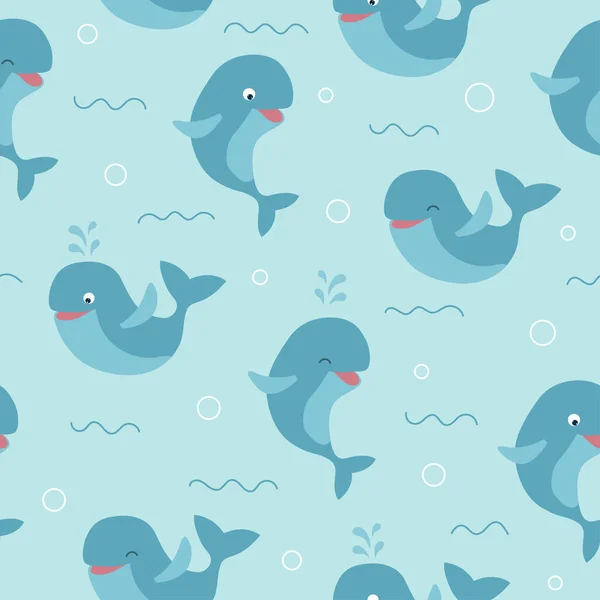 Seamless pattern of cute whales with waves on blue background — Stock Vector