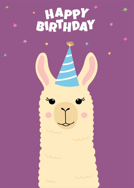 Happy birthday greeting card with cute llama head. Funny alpaca with birthday hat. Template for nursery design, poster, birthday card , invitation, baby shower and party decor — Stock Vector