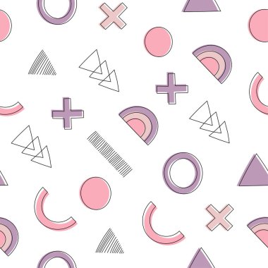 Geometrik dikişsiz desen. Geometrik şekilli modern soyut arkaplan ve pembe ve mor renkli çizgiler. Memphis tarzı