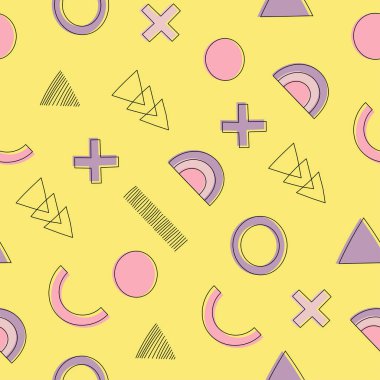 Geometrik dikişsiz desen. Geometrik şekilli modern soyut arkaplan ve pembe ve mor renkli çizgiler. Memphis tarzı