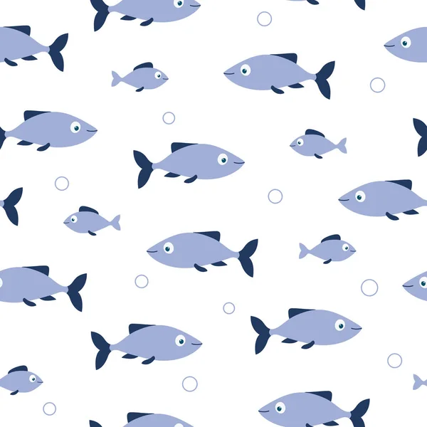 Seamless pattern of blue fishes and bubbles on white background. Good for textile, paper, background, scrapbooking. — Vetor de Stock