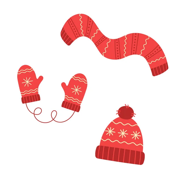 Rote Wintermütze, Fäustlinge und Schal. Strickmütze aus Wolle mit Bommel. Doodle-Stil. — Stockvektor