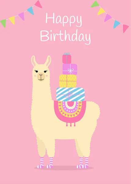 Happy Birthday Greeting Card Cute Llama Funny Alpaca Birthday Gifts — Stockvektor