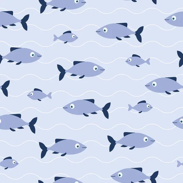 Seamless Pattern Blue Fishes Waves Blue Background Good Textile Paper — Vetor de Stock