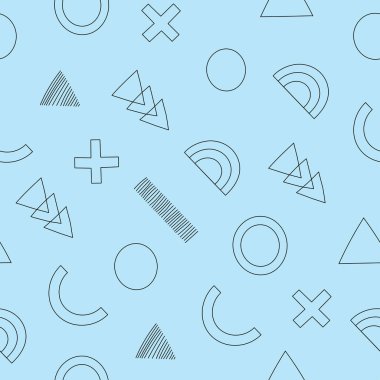 Geometrik dikişsiz desen. Mavi zemin üzerinde geometrik şekiller olan modern soyut bir arkaplan. Memphis tarzı.