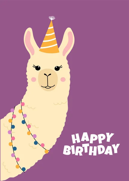 Happy Birthday Greeting Card Cute Llama Head Funny Alpaca Birthday — Stockvektor