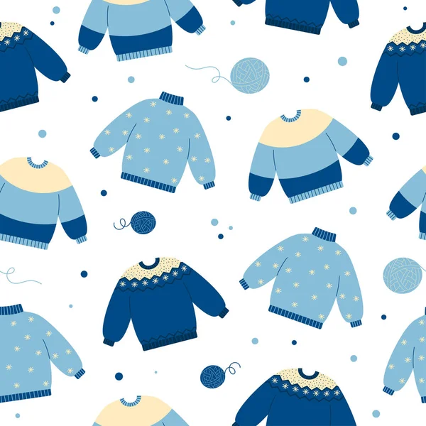 Seamless Pattern Warm Sweaters Blue Colors White Background Winter Autumn — 图库矢量图片