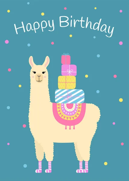 Glückwunschkarte Zum Geburtstag Mit Süßem Lama Lustige Alpaka Mit Geburtstagsgeschenken — Stockvektor