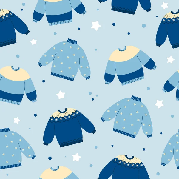 Seamless Pattern Warm Sweaters Blue Colors Blue Background Winter Autumn — 图库矢量图片