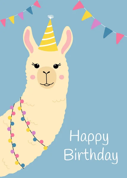 Happy Birthday Greeting Card Cute Llama Head Funny Alpaca Birthday — Stock Vector