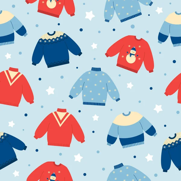 Seamless Pattern Warm Colorful Sweaters Blue Background Winter Autumn Clothing — 图库矢量图片
