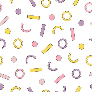 Geometrik dikişsiz desen. Beyaz zemin üzerinde geometrik şekiller ve çizgiler olan modern soyut bir arkaplan. Memphis tarzı.