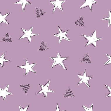 El çizimi yıldızların kusursuz deseni. Mor arka planda beyaz yıldızlar. Satır sanatı.