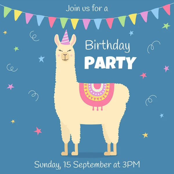 Geburtstagseinladungskarte Mit Süßem Lama Lustiges Alpaka Mit Geburtstagsmütze Auf Blauem — Stockvektor