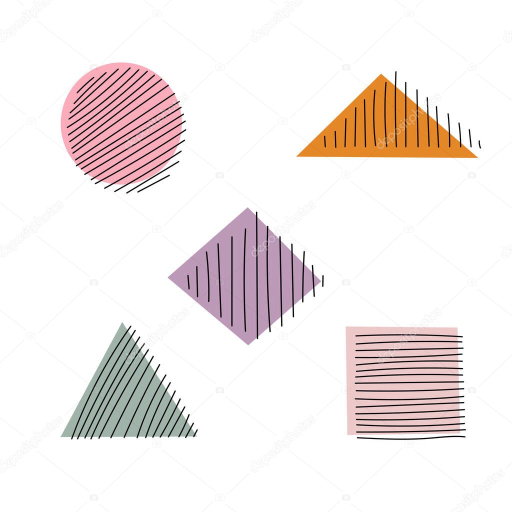 Set of hand drawn hatched geometric shapes. Shaded circle, triangles, rhomb and square.