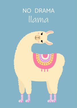 Şirin lama başını çeviriyor. Motivasyon metni. Drama yok lama. Tişört, tebrik kartı, kırtasiye, poster şablonu