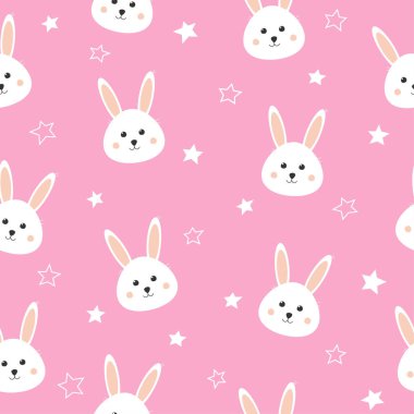 Güzel tavşanlı ve yıldızlı kusursuz bir desen. Pembe arka planda güzel bir tavşan. Bebek partisi için arka plan, duvar sanatı, kumaş, tekstil ve davetiye.