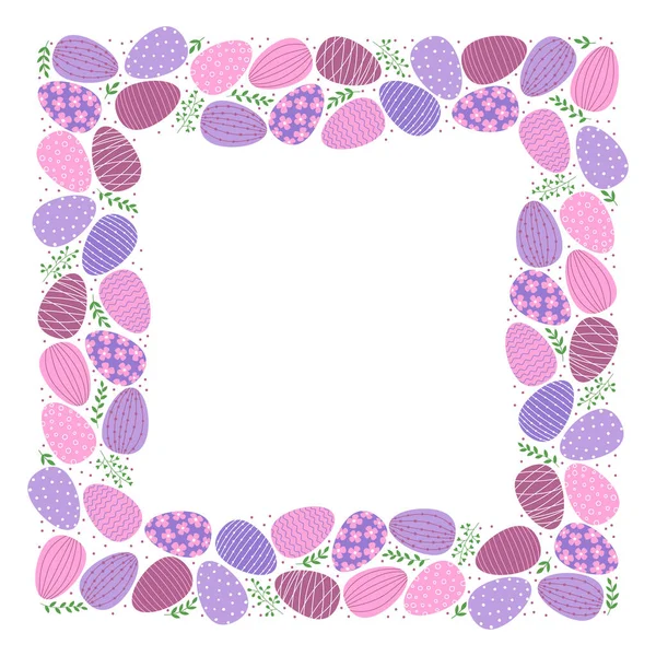 Квадратная рамка из пасхальных украшенных яиц и листьев. Плоские яйца розового и фиолетового цветов. — стоковый вектор