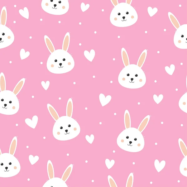 Seamless pattern with cute bunny and hearts. Lovely rabbit on pink background. Background for baby shower, wall art, fabric, textile and invitation — Stock Vector