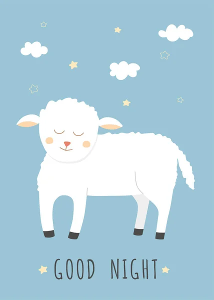 Niedliches Kleines Lamm Blauer Hintergrund Mit Cartoon Schafen Wolken Sternen — Stockvektor