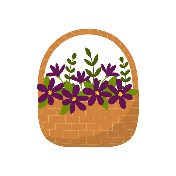 Panier Osier Avec Des Fleurs Violettes Style Plat — Image vectorielle