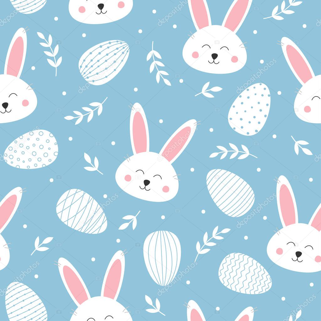 Seamless pattern with cute bunny and easter eggs. Lovely rabbit on blue background. Background for easter design. 