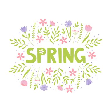 El çizimi, çiçekli bahar harfleri. Tebrik kartı, davetiye şablonu, poster ve afiş için mektup mevsimi