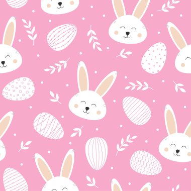 Tatlı tavşanlı ve paskalya yumurtalı kusursuz desen. Pembe arka planda güzel bir tavşan. Paskalya tasarımı için arkaplan