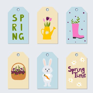 Hoş çizgi film karakterleri ve harfleri olan bahar hediye etiketleri ve etiketleri. Doodle düz stili 