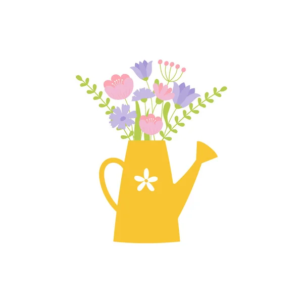 Kézzel Rajzolt Virágcsokor Sárga Öntöződobozban Tavaszi Virágok Pasztell Színekben Üdvözlőlap — Stock Vector