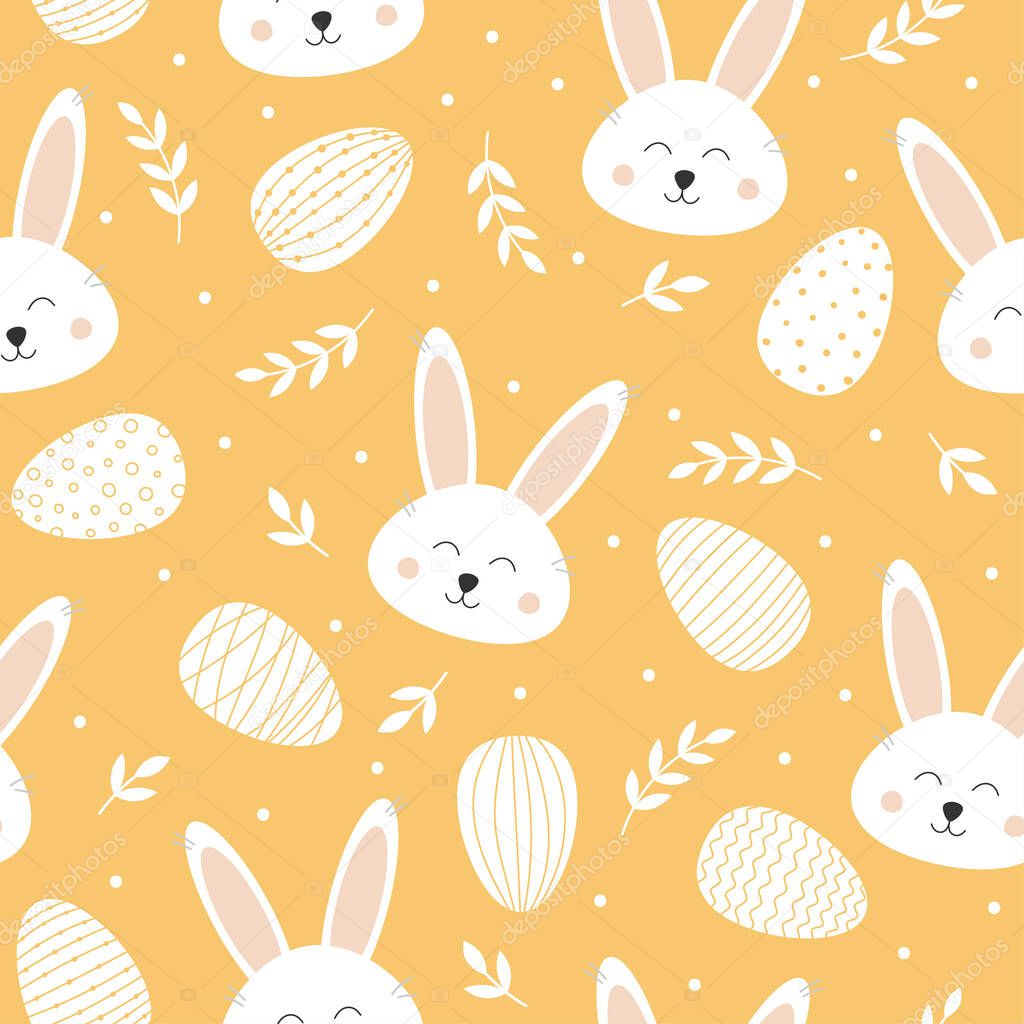 Seamless pattern with cute bunny and easter eggs. Lovely rabbit on yellow background. Background for easter design