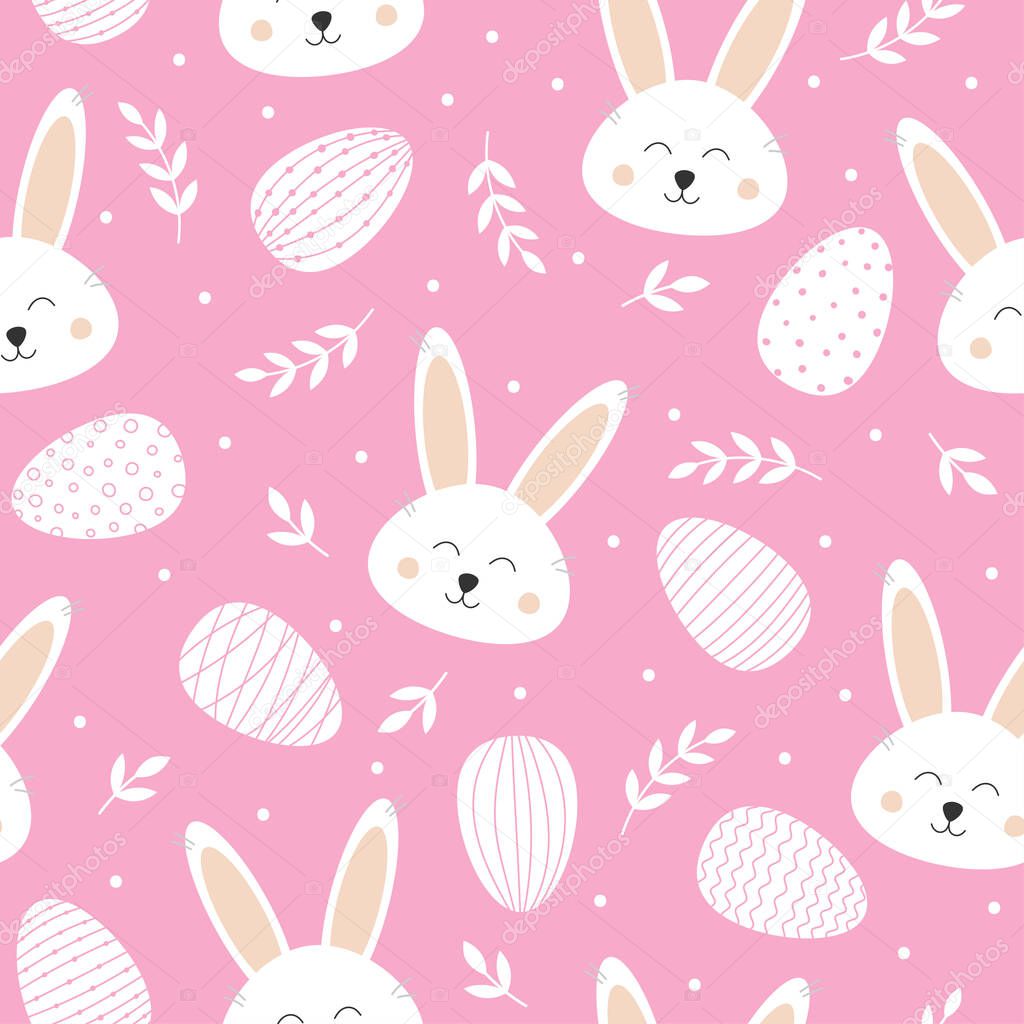 Seamless pattern with cute bunny and easter eggs. Lovely rabbit on pink background. Background for easter design