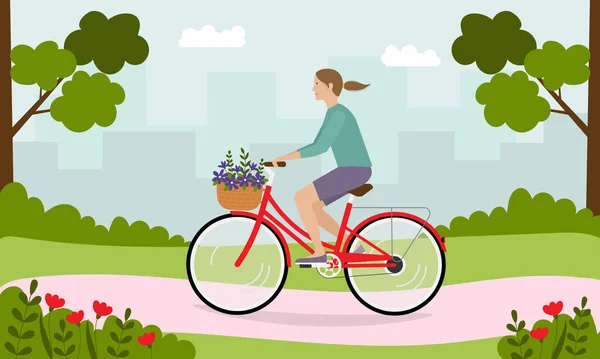 Mulher Andando Bicicleta Parque Cidade Conceito Estilo Vida Ativo Atividades — Vetor de Stock