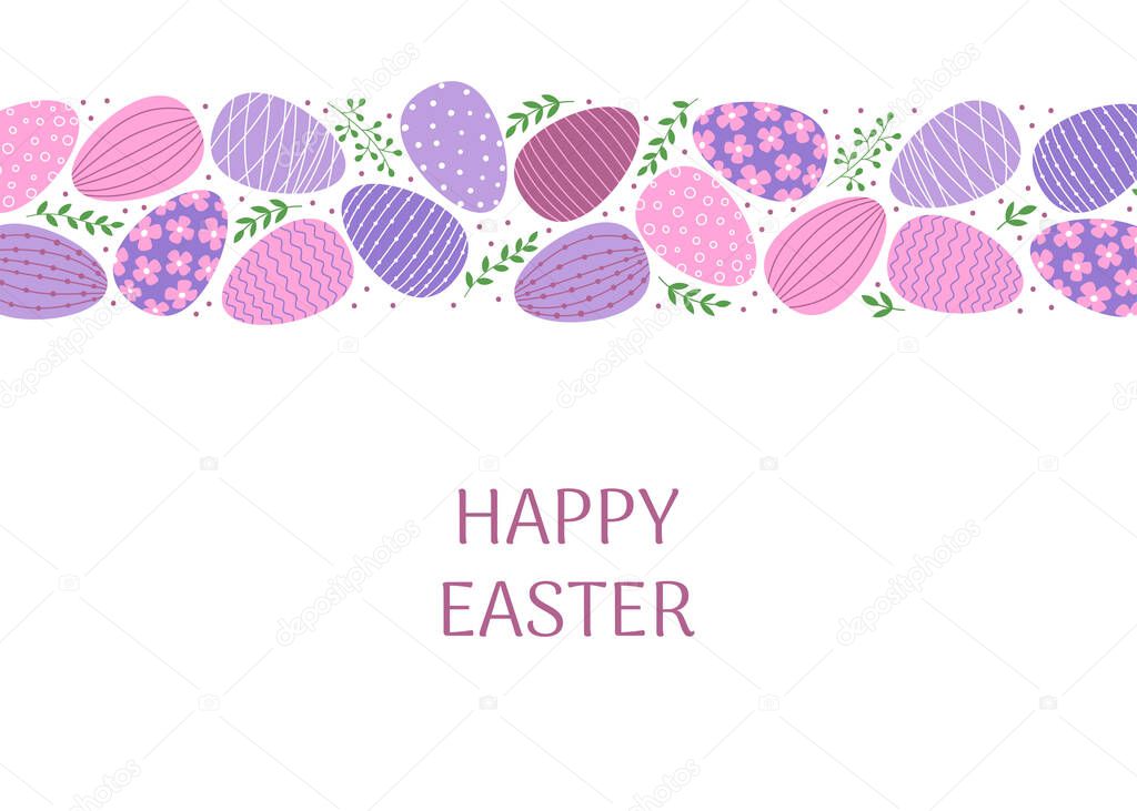 Happy Easter greeting card template. Pink, purple and blue decorated Easter eggs and branches in flat style. 