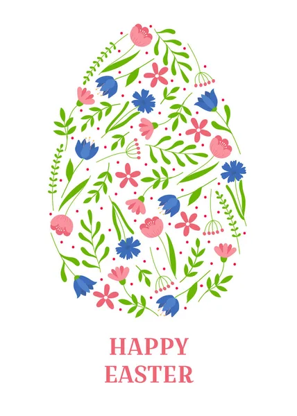 Mutlu Paskalya Tebrik Kartları Çiçeklerle Süslenmiş Paskalya Yumurtası Poster Tebrik — Stok Vektör